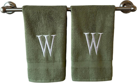 Sage Initial Hand Towel for Bathroom - Monogrammed Luxury Hotel Quality Decorative Embroidered Towel for Powder Room, Spa - GOTS Organic Certified - Set of 2 Letter W