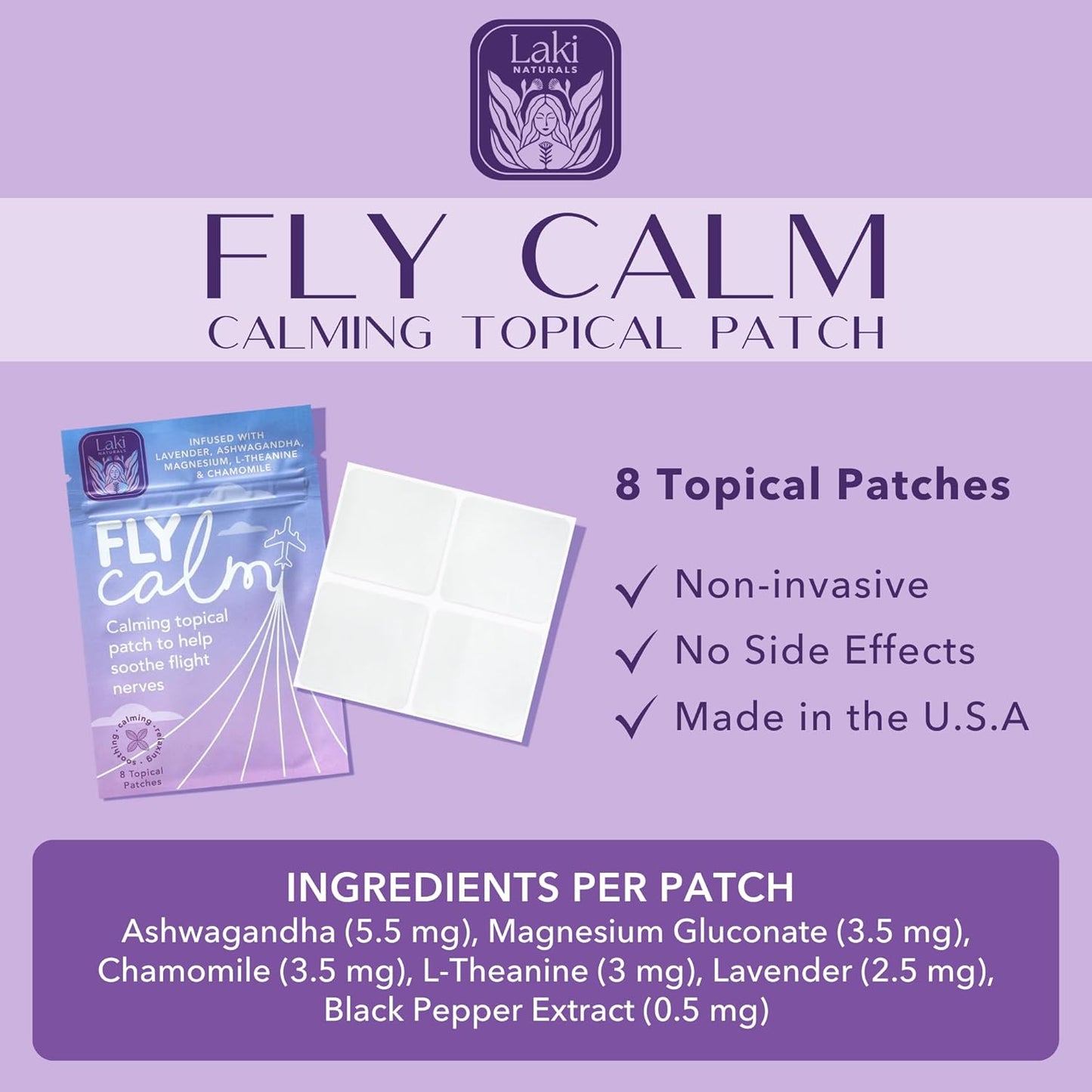 Laki Naturals Fly Calm Patch (2-Pack, 8 per Pack) | Plant-Based Ingredients for Air Travel Stress | Calm Your Fear of Flying