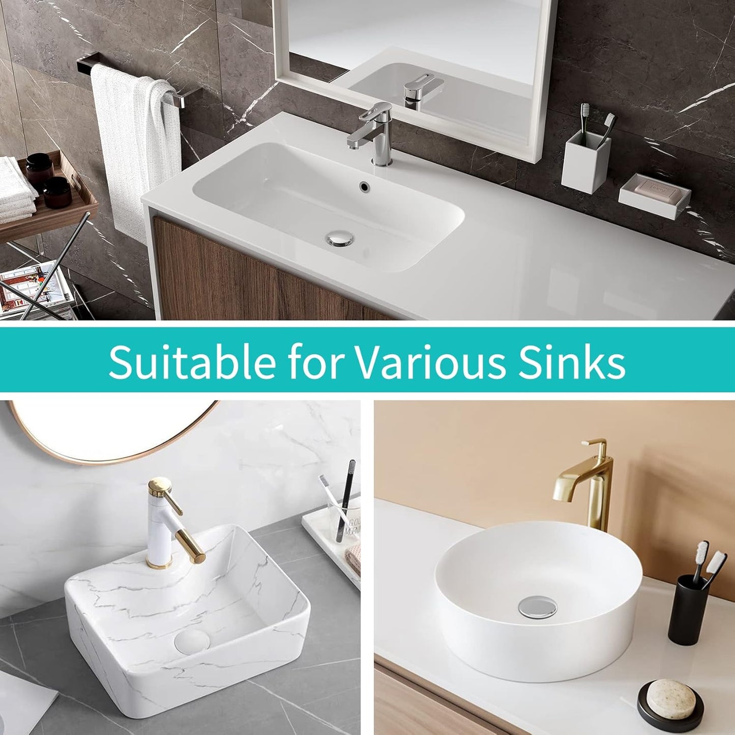 Universal Bathroom Sink Stopper with Hair Catcher, for 1.04-1.97 Inch Drain Hole, Spring Core Bathtub Drain Cover, Pop Up Sink Plug Basin Drain Strainer, Large Lid