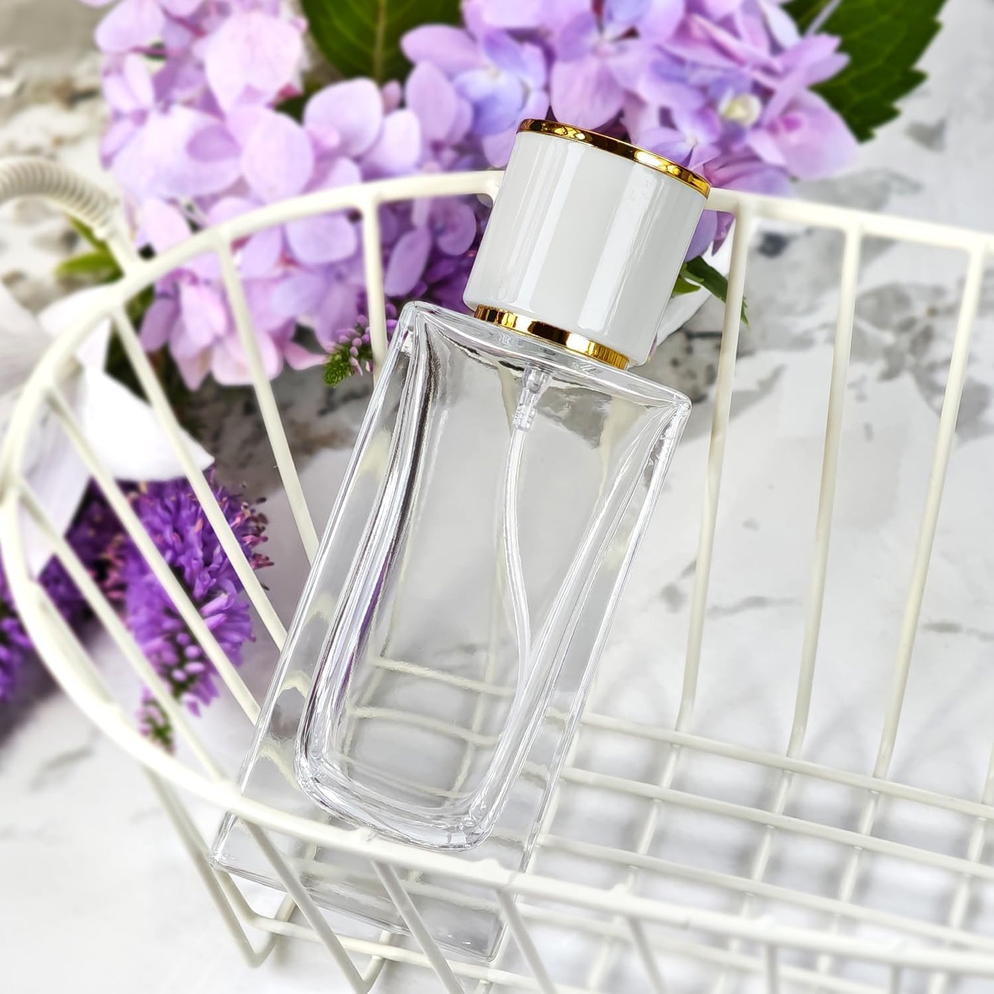 2 Pack 50ml/1.7 Oz Glass Spray Bottle Perfume Atomizer,Empty Travel Refillable Perfume Spray Bottle with 3 Kinds of Dispenser (White Cap, 50ml)