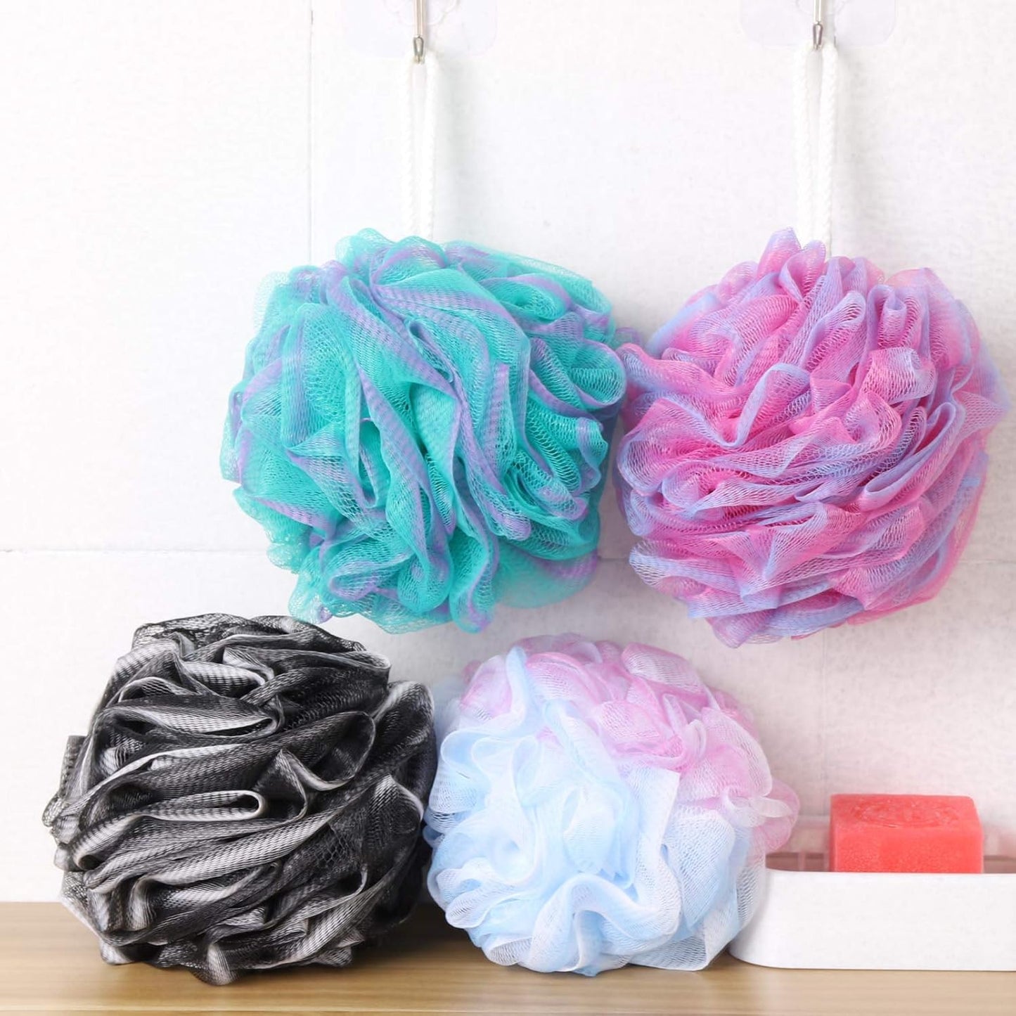 BTYMS 4 Pieces 75g/pc Shower Loofahs Large Bath Sponge Mesh Pouf Wash Puff Shower Poof Body Loofas for Bathing