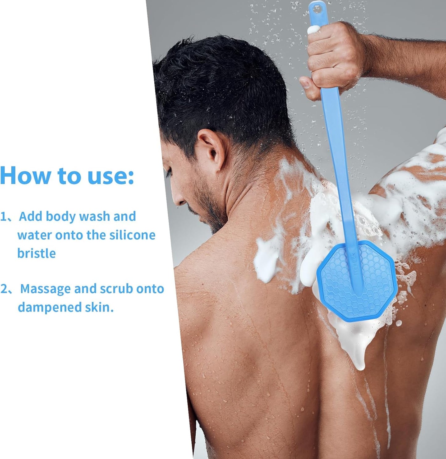 iTokGoK® Silver-Infused Silicone Back Scrubber with Long Handle Back Brush for Shower,Back Brush Long Handle for Men and Women,Ergonomic No-Slip Handle, Long-Lasting (Sky Blue)