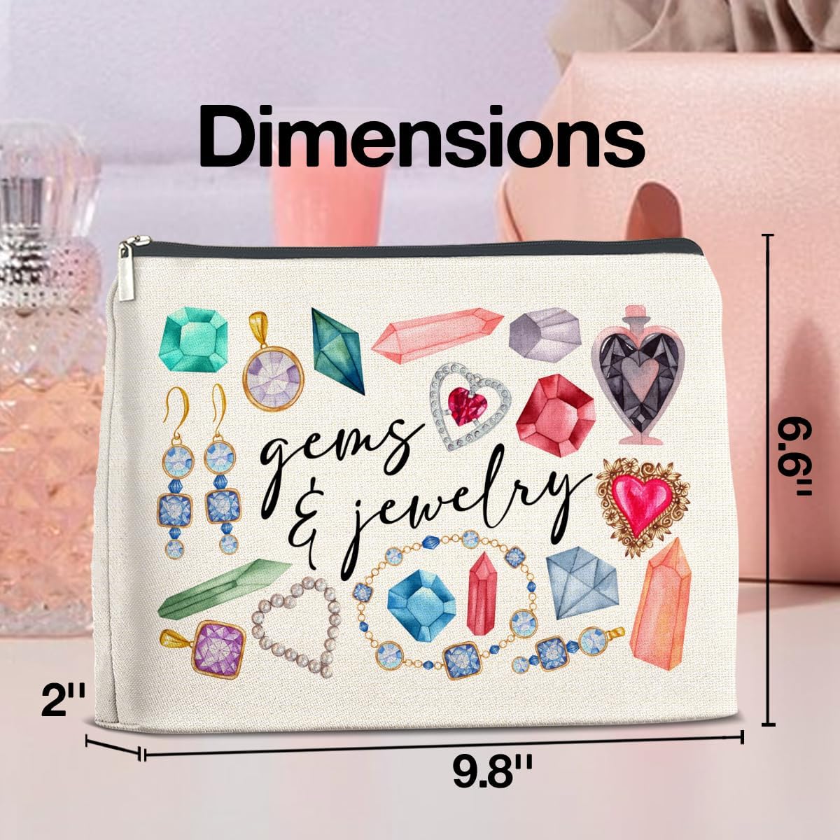 Gems and Jewelry Cosmetic Bag Gift, Gifts for Gem Jewelry Lovers Makeup Bag Zipper Makeup Pouch Bridesmaids Gift