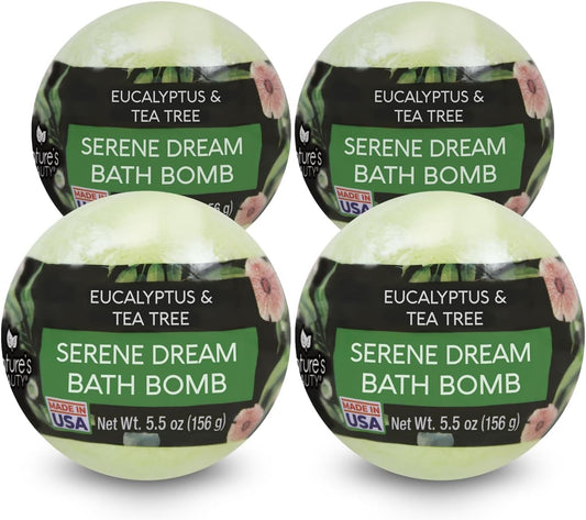 Nature's Beauty Eucalyptus & Tea Tree Bath Bomb Multi-Pack- Natural Hand Crafted, Non-Staining, Luxury Fizzy Spa Bomb, Sooth + Restore Skin, Made w/Coconut Oil & Witch Hazel, 5.5oz (4 Pack)