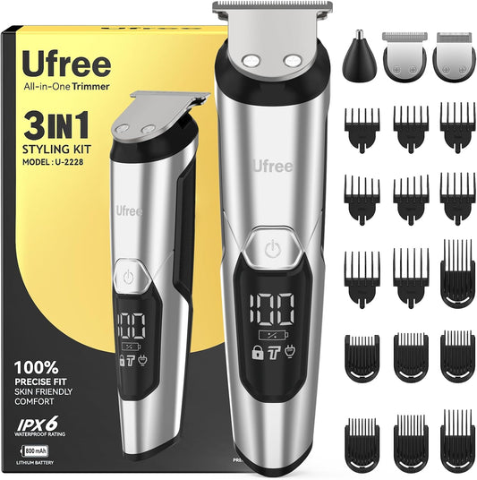 Ufree 3-in-1 Beard Trimmer Kit, Men's Electric Shaver Razor for Mustache Body Nose Facial Hair, Professional Hair Trimmer, Rechargeable Clippers, Waterproof Beard Grooming, Birthday Gifts for Men