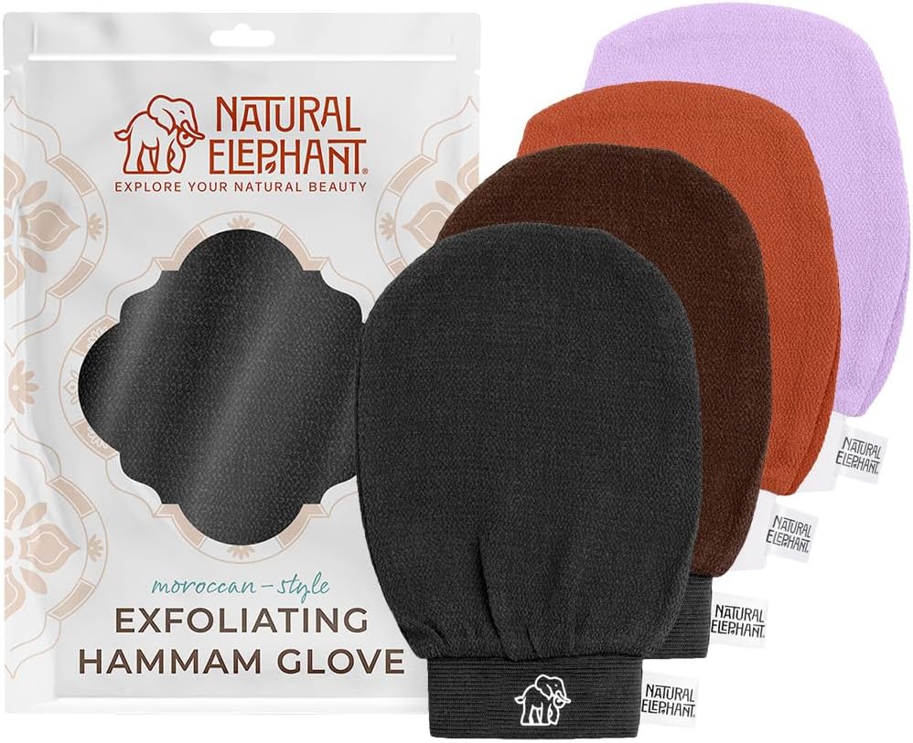 Natural Elephant Exfoliating Hammam Glove - Face and Body Exfoliator Mitt (Black, Brown, Orange, and Lilac (Pack of 4))