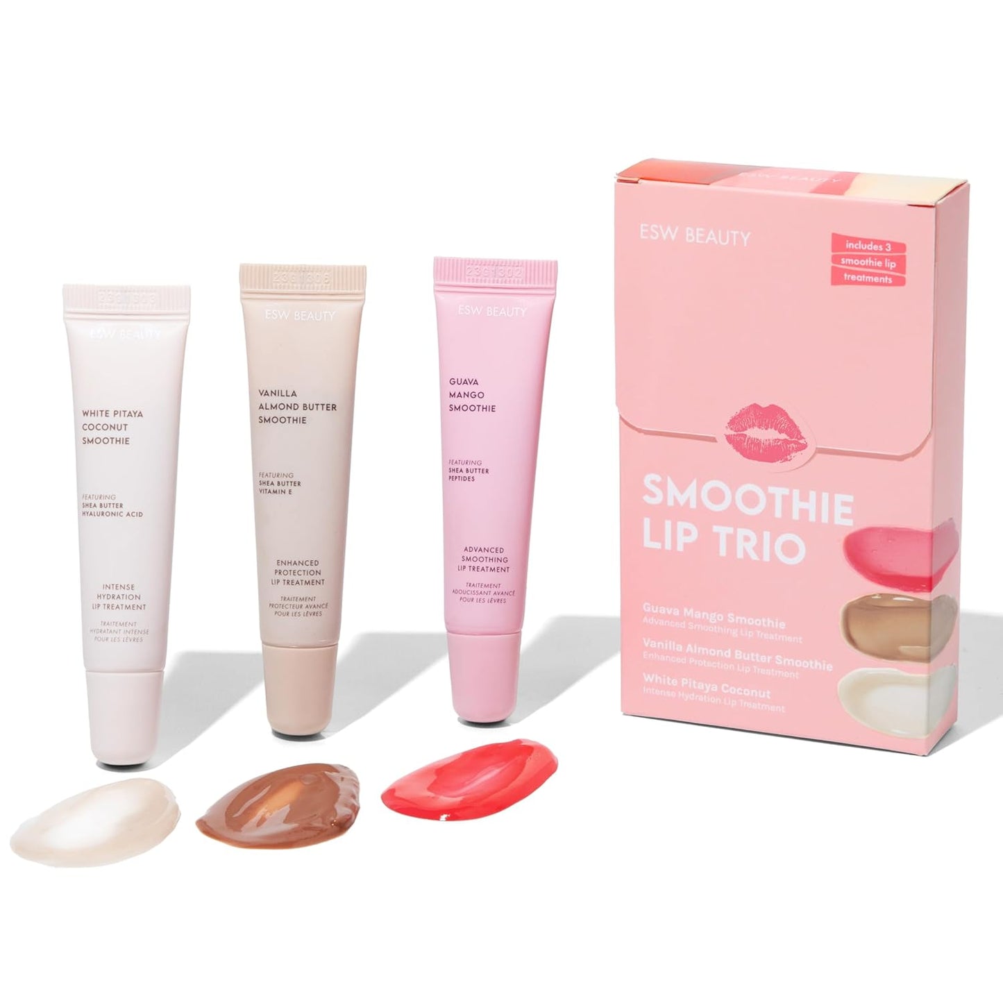 ESW Beauty Smoothie Lip Treatment Set – White Pitaya Coconut, Guava Mango & Vanilla Almond Butter – Hydrating & Smoothing Lip Gloss Set