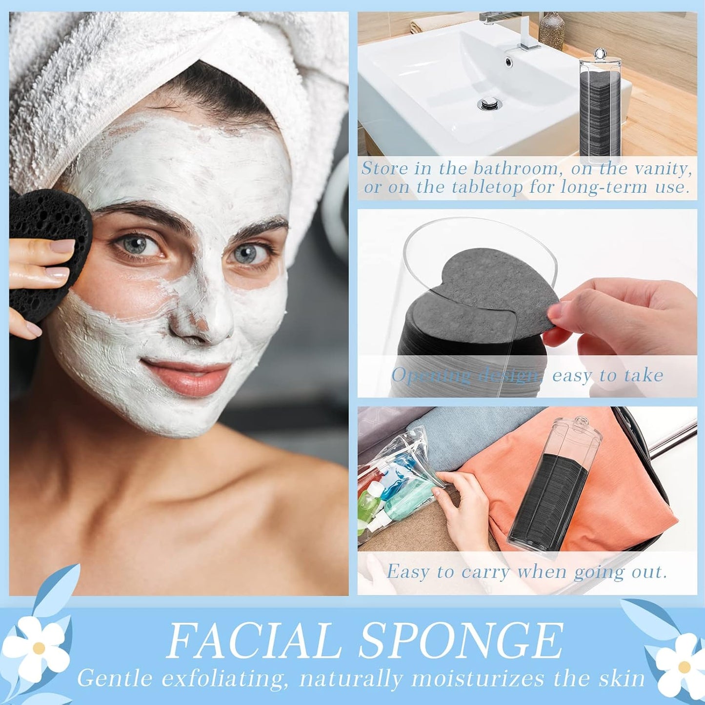 Sieral 120 Pcs Compressed Facial Sponges with Container Disposable Face Sponge Pads for Washing Face Cleansing Exfoliating Esthetician Makeup Removal(Heart,Black)