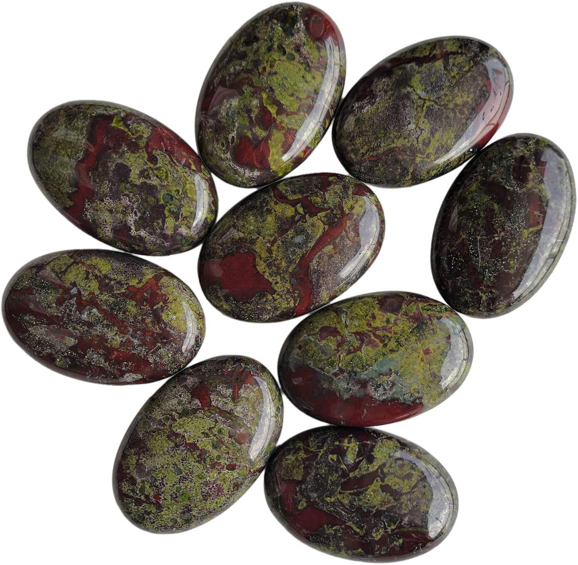 Natural Dragon Bloodstone Oval Polished Worry Stones, Healing Crystal Indoor Fountain Stones Massage Energy Anxiety Relief Items