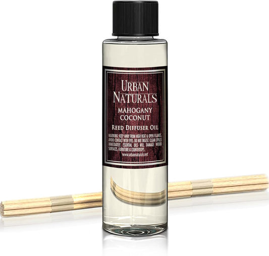 Urban Naturals Reed Diffuser Oil Refill, Mahogany Coconut Diffuser Oils with Sandalwood, Coconut, Oakmoss, 4 oz + Free Reed Sticks, Made in The USA