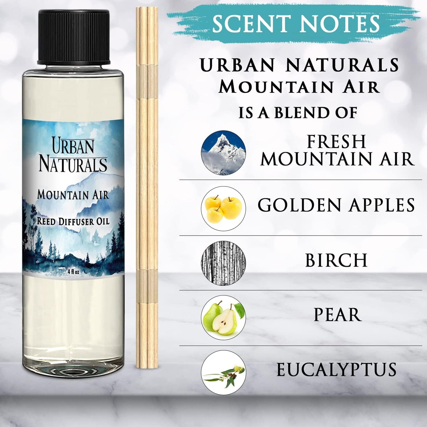 Urban Naturals Mountain Air Scented Oil Reed Diffuser Refill | Includes a Free Set of Reed Sticks! Fresh Herbs, Birch, Pear, Sage & Amber Fragrance Notes | 4 oz.