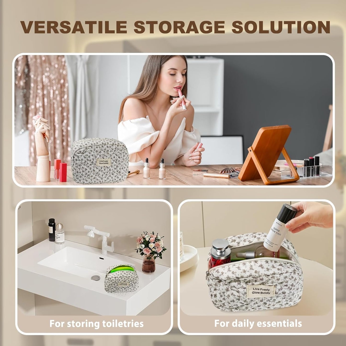 3Pcs Large Travel Quilted Makeup Bag, Double Layer Cute Floral Cotton Toiletry Bag, Aesthetic Flower Cosmetic Bag Coquette Skincare Organizer Bag for Women(75-BlackFloral)