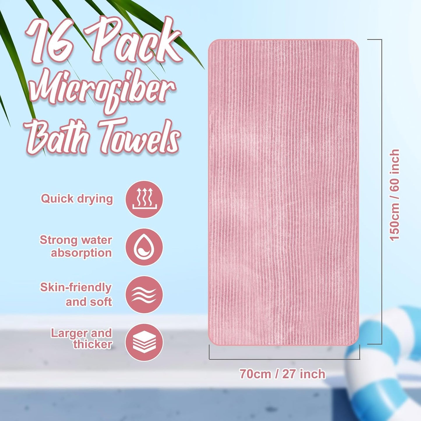 16 Pack Microfiber Bath Towels Bulk 27'' x 60'' Oversized Size Bath Towel Highly Absorbent Extra Large Soft Drying for Shower Beach Salon Winter Sport Spa Gym (Pinstripe,Pink)