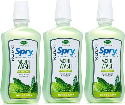 Spry Natural Xylitol Mouthwash Fluoride Free with Enamel Support, Alcohol-Free, Gentle, Non-GMO, Herbal Mint - 16 fl oz (Pack of 3)