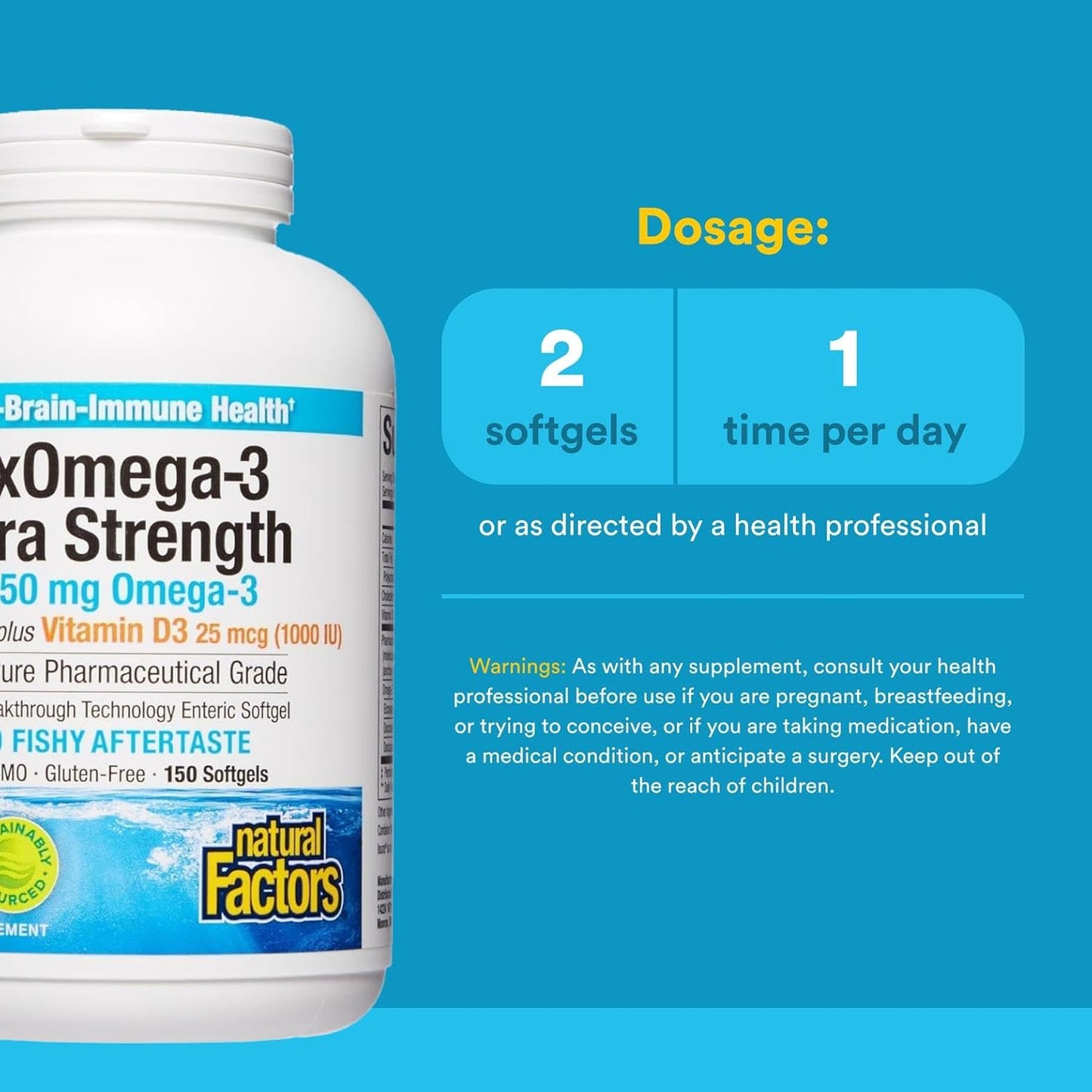 Natural Factors RxOmega-3 Ultra Strength Fish Oil with Vitamin D3, High Potency Formula, 2,150 mg, No Fishy Aftertaste, 150 Softgels