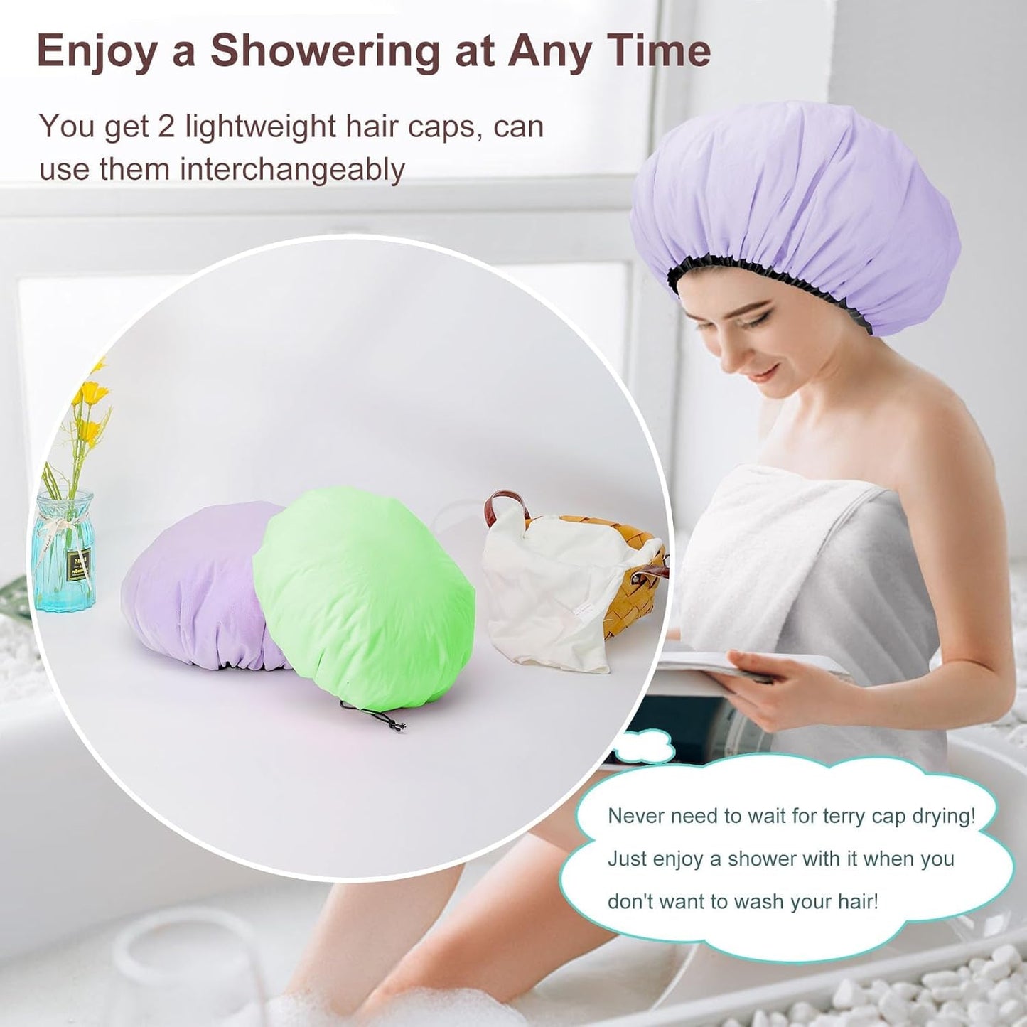 2 Pcs 13.5" Dual Waterproof Design Adjustable Terry Shower Cap for Women and Men, EVA Double Layer Bath Cap Reusable for Braids, Long Hair, Dreadlocks