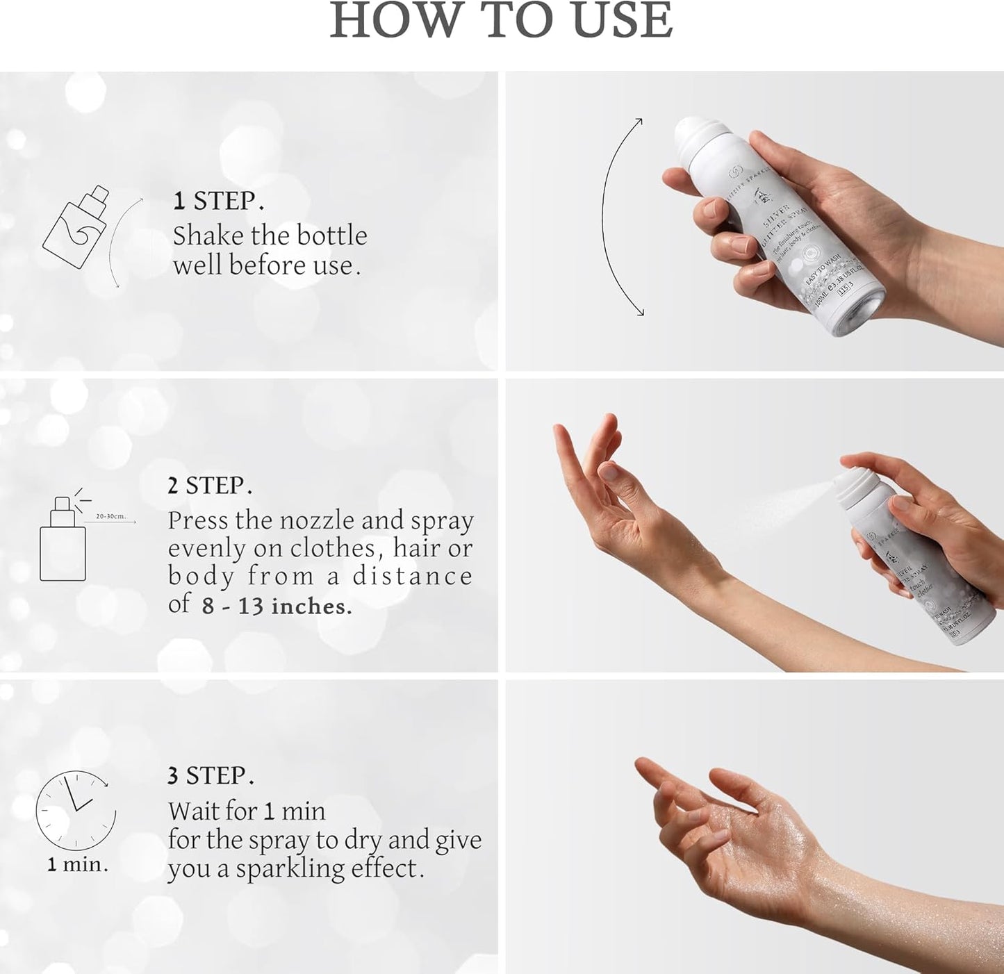 Sparkle Silver Shimmer Glitter Spray for Hair, Body & Clothes | Festival & Party Hair Spray | 100ML Eco-Friendly, Quick-Dry, Washable, Fragrance-Free with Sustainable Shine