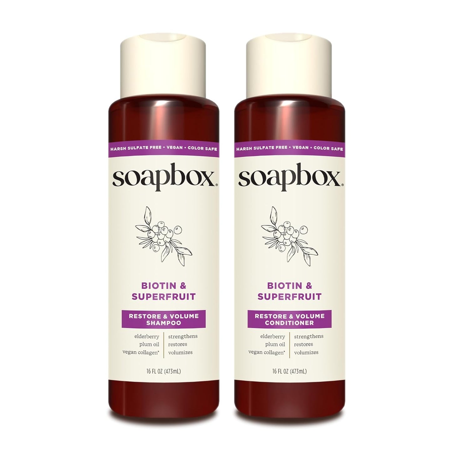Soapbox Biotin & Superfruit Shampoo & Conditioner Set with Vegan Collagen, Aloe and Shea Butter, Pack of 2 Harsh Sulfate Free, Paraben & Silicone Free, 16 Ounces Each