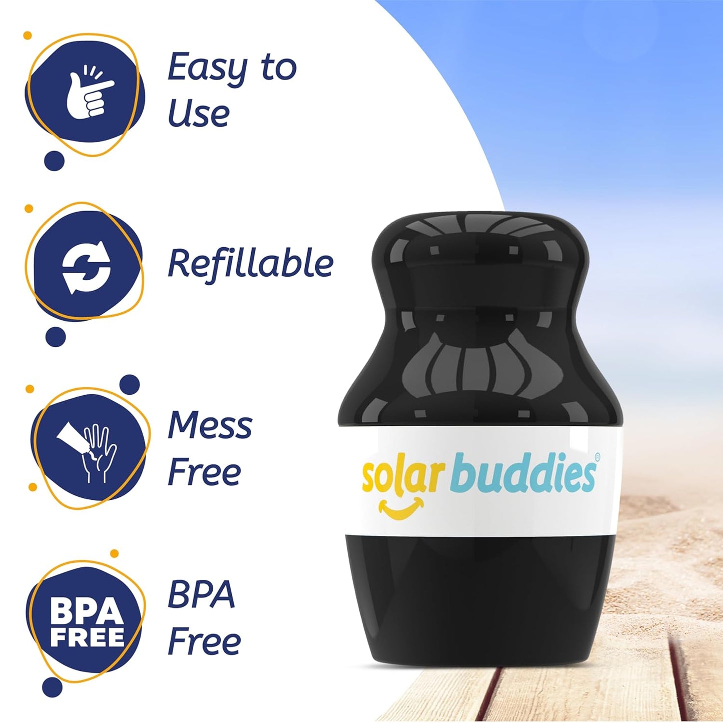 Solar Buddies Sunscreen Applicator - Single Black - Refillable Roll on Sponge Sunscreen, Suncream & Lotion Applicator For Kids, Adults & Families - Holds 3.4fl oz, Perfect Size for Travel