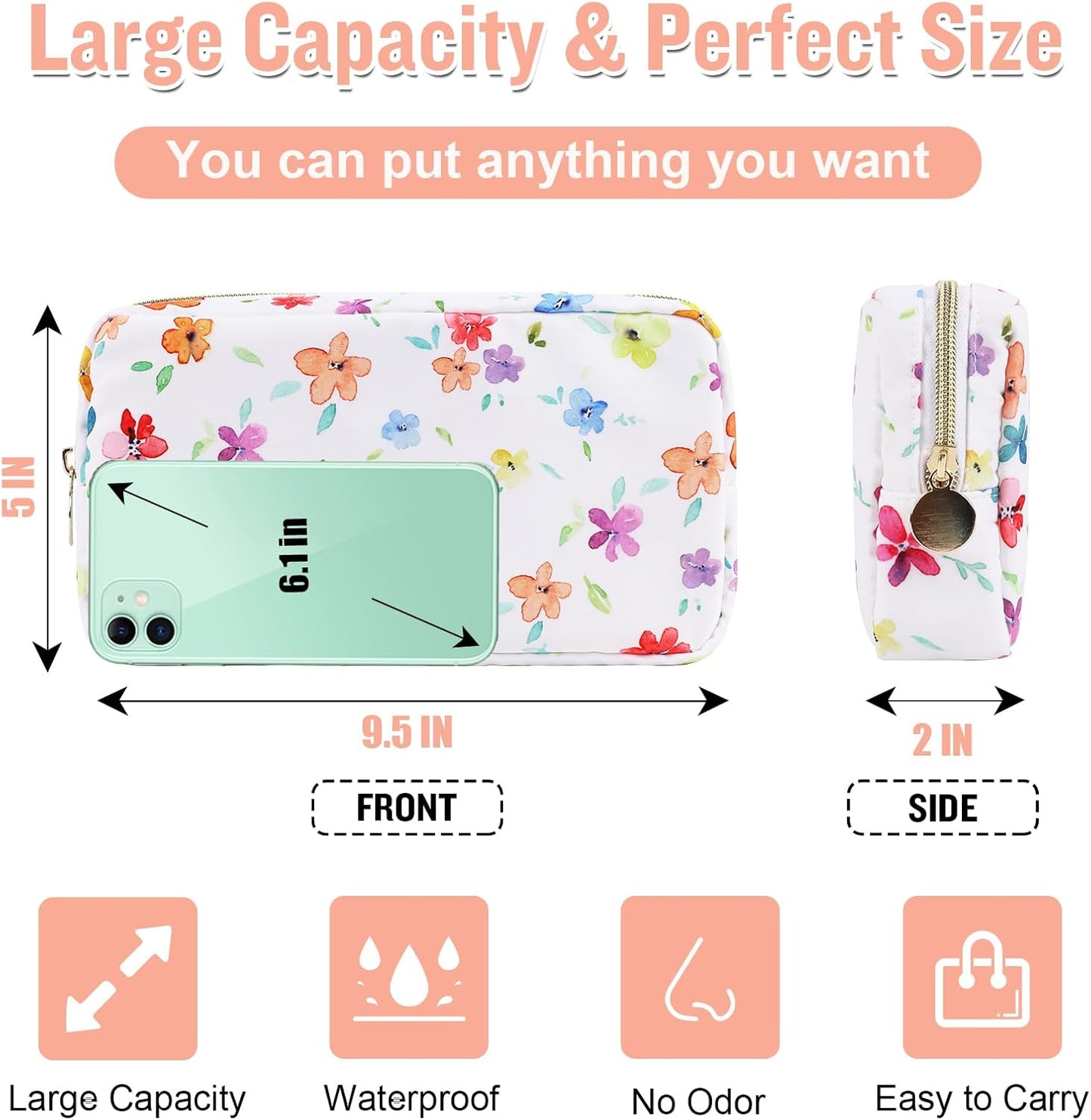 Nylon Small Floral Makeup Bag for Purse, Cute Preppy Makeup Bag Flower Cosmetic Zipper Pouch Purse, Waterproof Portable Travel Toiletry Makeup Brush Bag Organizer Storage for Women Girls(White-Flower)