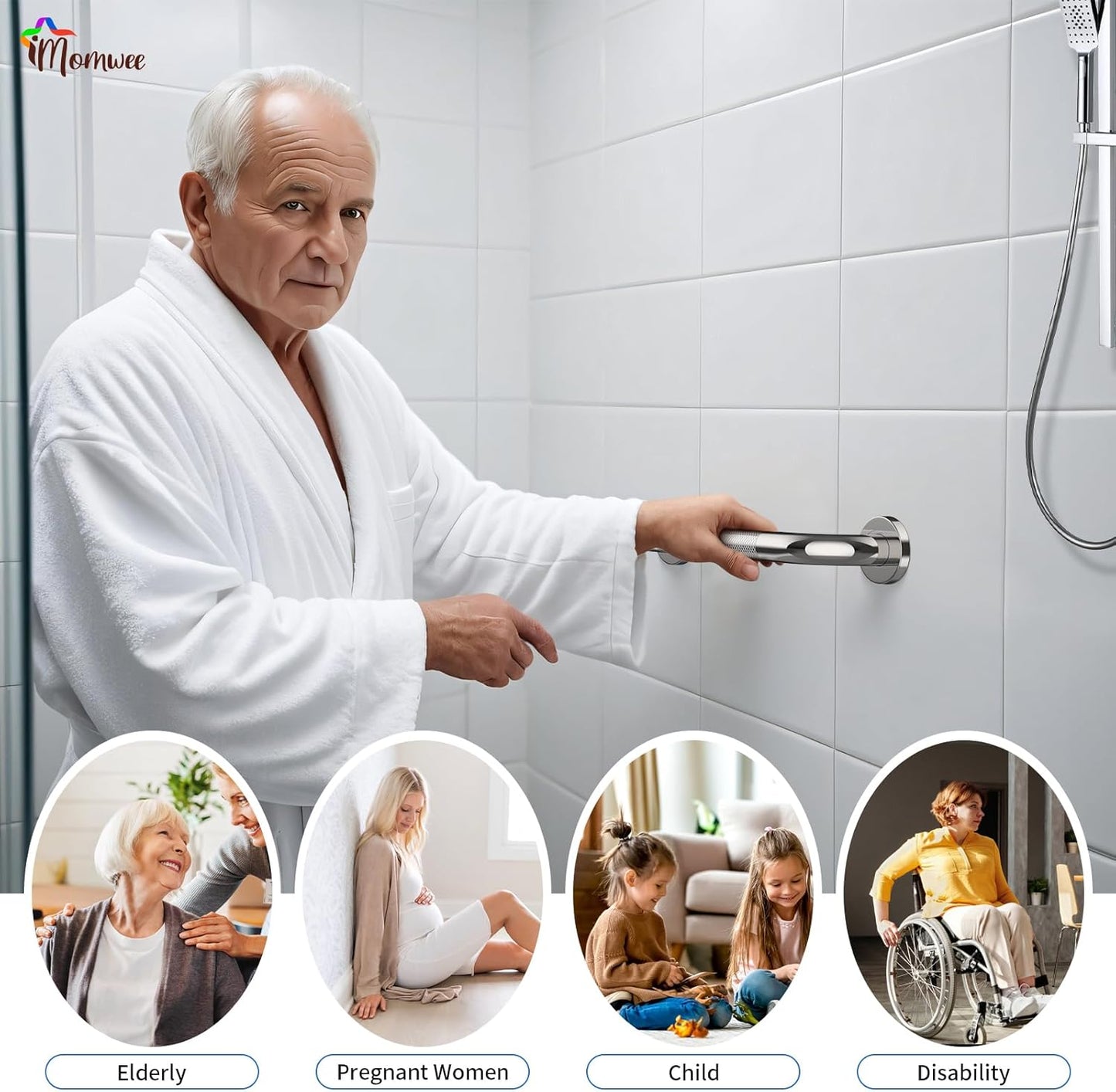 2 Pack Chrome Grab Bar 12 Inch, iMomwee Stainless Steel Non-Slip Shower Grab Bar W/Knurled Grip, Safety Bathroom Handrail, Balance Support Bar Toilet Bathtub Assist Handle for Elderly Senior Disabled