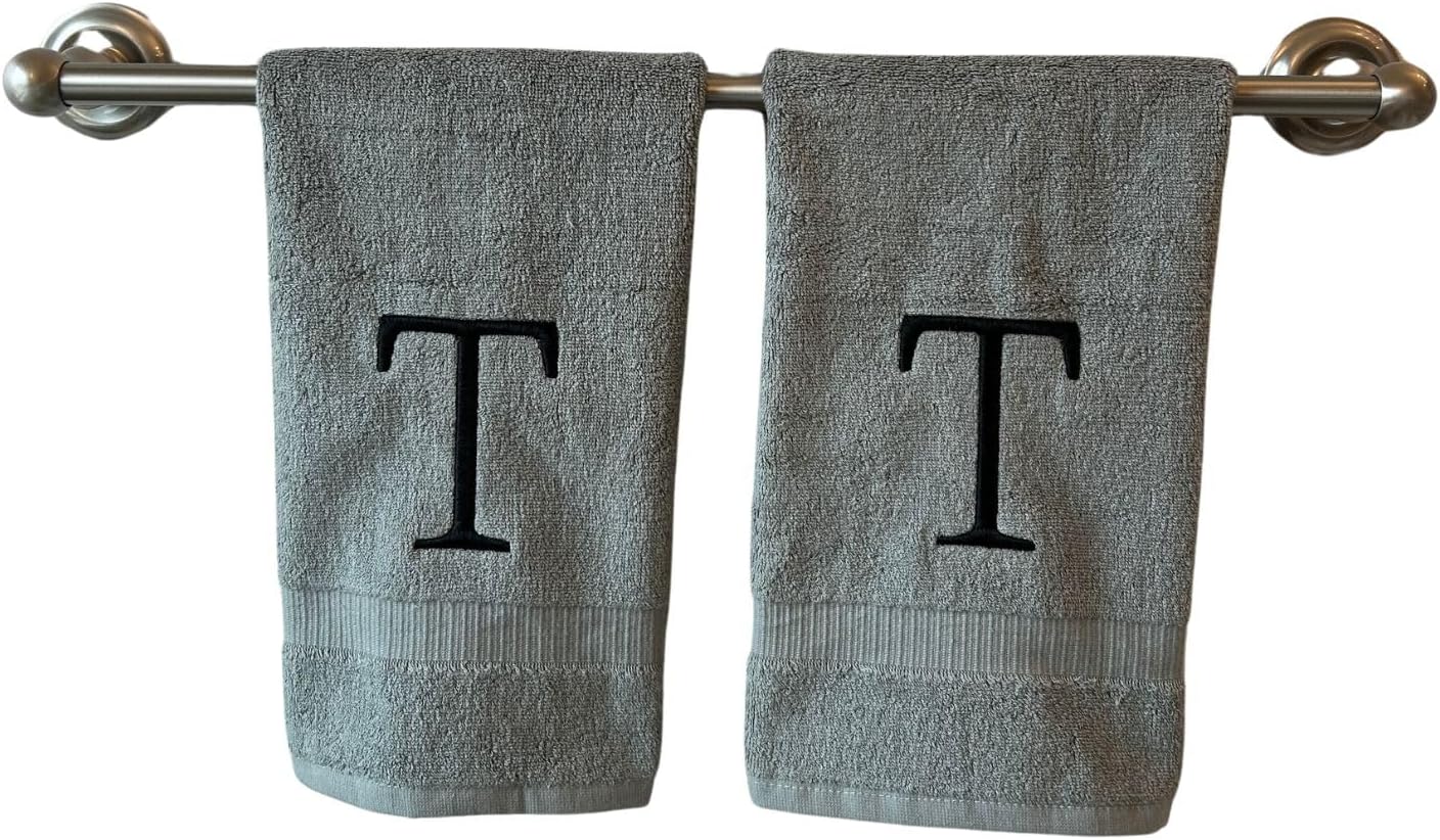 Gray Initial Hand Towel for Bathroom - Monogrammed Luxury Hotel Quality Decorative Embroidered Towel for Powder Room, Spa - GOTS Organic Certified - Set of 2 Black Letter T