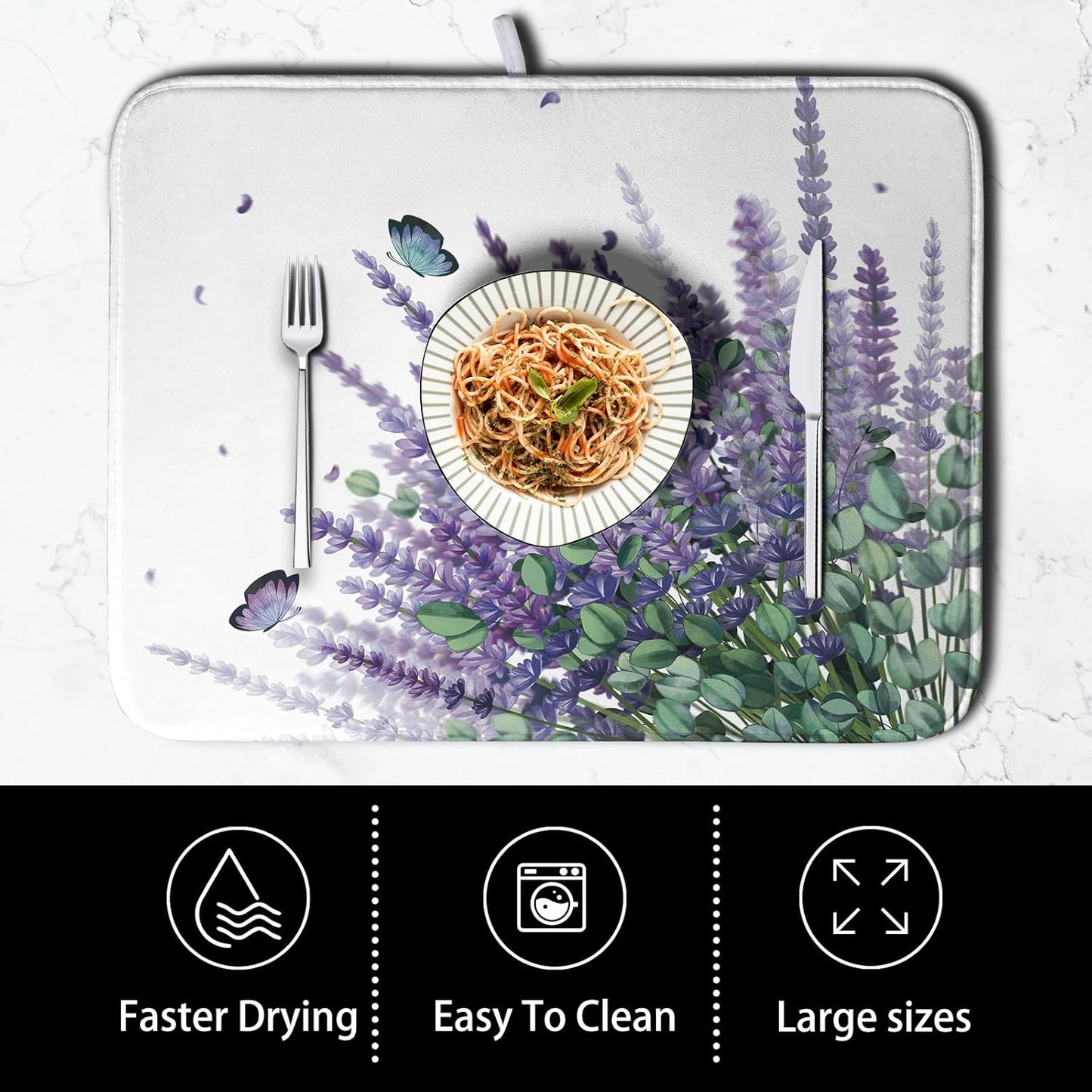 Purple Lavender Dish Drying Mat for Kitchen Counter Spring Summer Floral Microfiber Dish Drainer Mats Green Leaves Butterfly Absorbent Reversible Dish Drainer Rack Mat 16x18 Inch