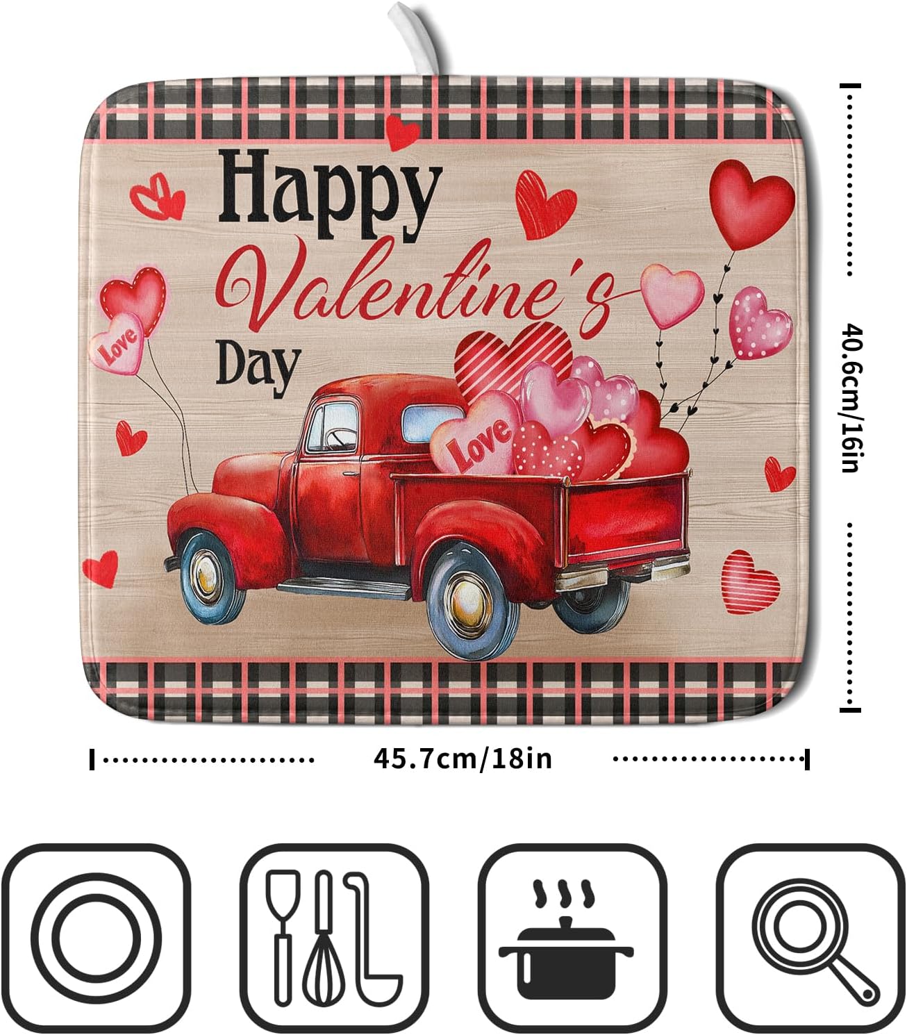 Valentine's Day Truck Dish Drying Mat 16x18 inch Love Heart Washable Absorbent Dishes Pad Dish Drainer Mat for Kitchen Counter Sink Coffee