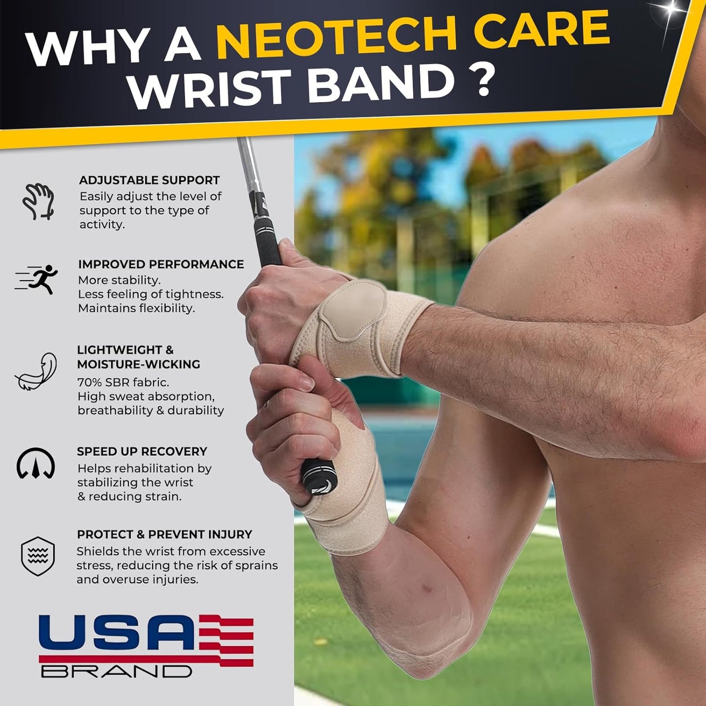 NeoTech Care Wrist Band - Elastic & Breathable Fabric - Adjustable Compression Strap - Men, Women, Right or Left - Support Wrap for Protection or Sports (Beige Color, Size L, 1 Pair)