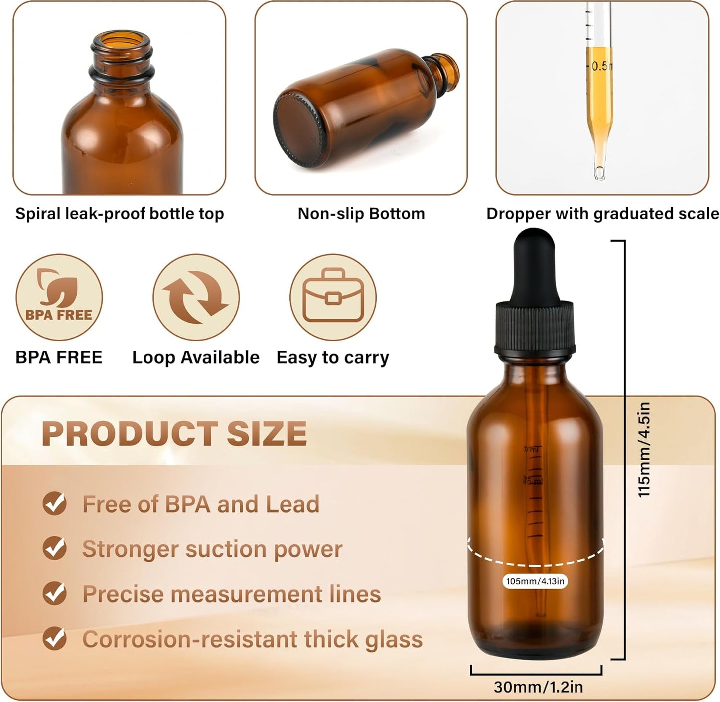 6 Pcs, 2oz Amber Glass Eye Dropper Bottle, Tincture Bottles with Leak-Proof Design, Stronger Suction, for All Kinds of Mixed Liquids