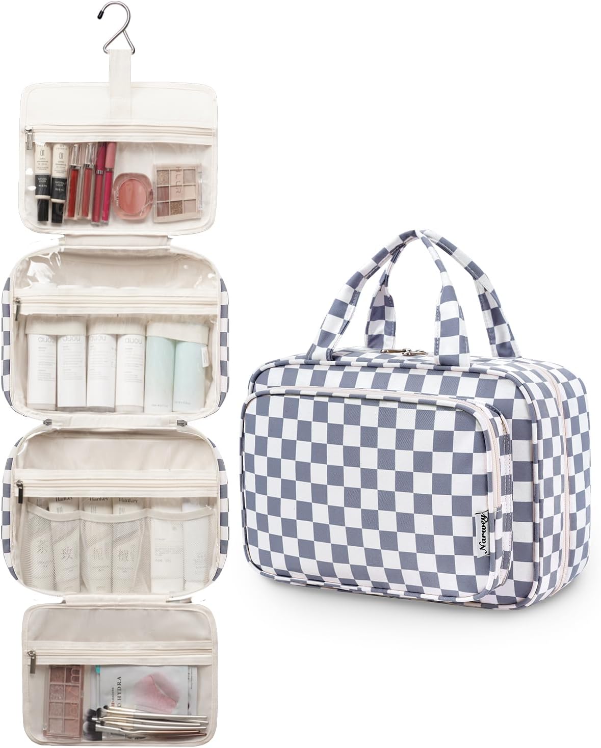 Narwey Travel Toiletry Bag for Women Large Hanging Makeup Bag Organizer Toiletries Bag for Full Size Essentials Accessories Cosmetics (Grayish Blue Checkerboard (Large))