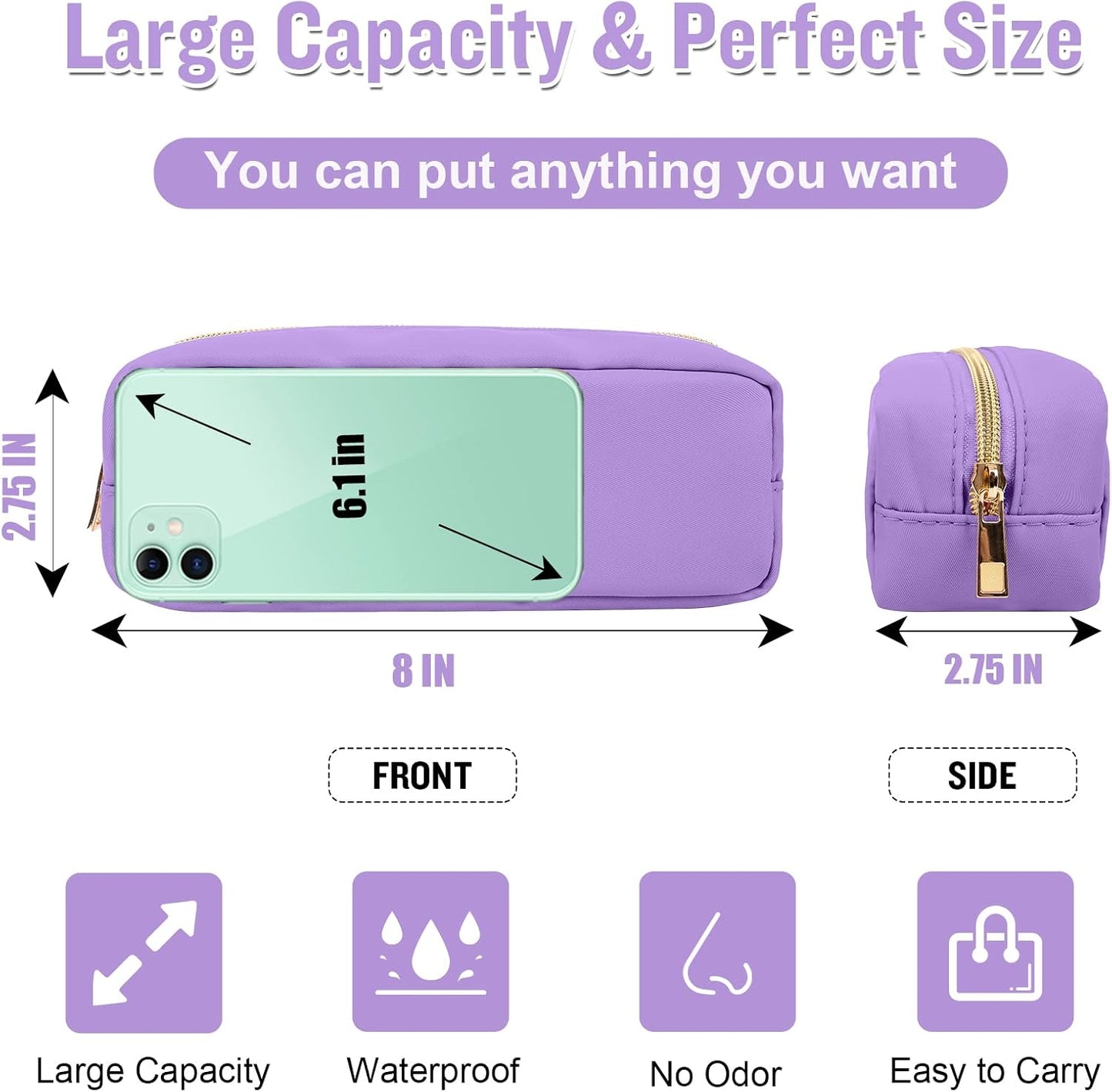 izuzta Nylon Small Makeup Bag Slim Pouch, Preppy Cute Makeup Brush Case Bag Cosmetic Zipper Pouch for Purse, Waterproof Travel Toiletry Bag Clutch Coin Pouch Makeup Organizer for Women Girls(Purple)