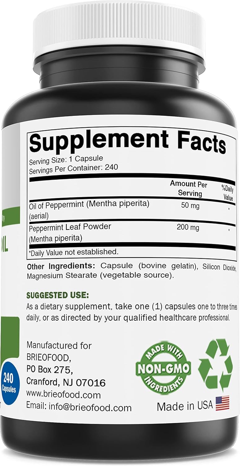 Brieofood Peppermint Oil Complex - 250 mg - 240 Capsules - Supports a Healthy Gut, Bowel Soothing - Gluten Free & Non-GMO