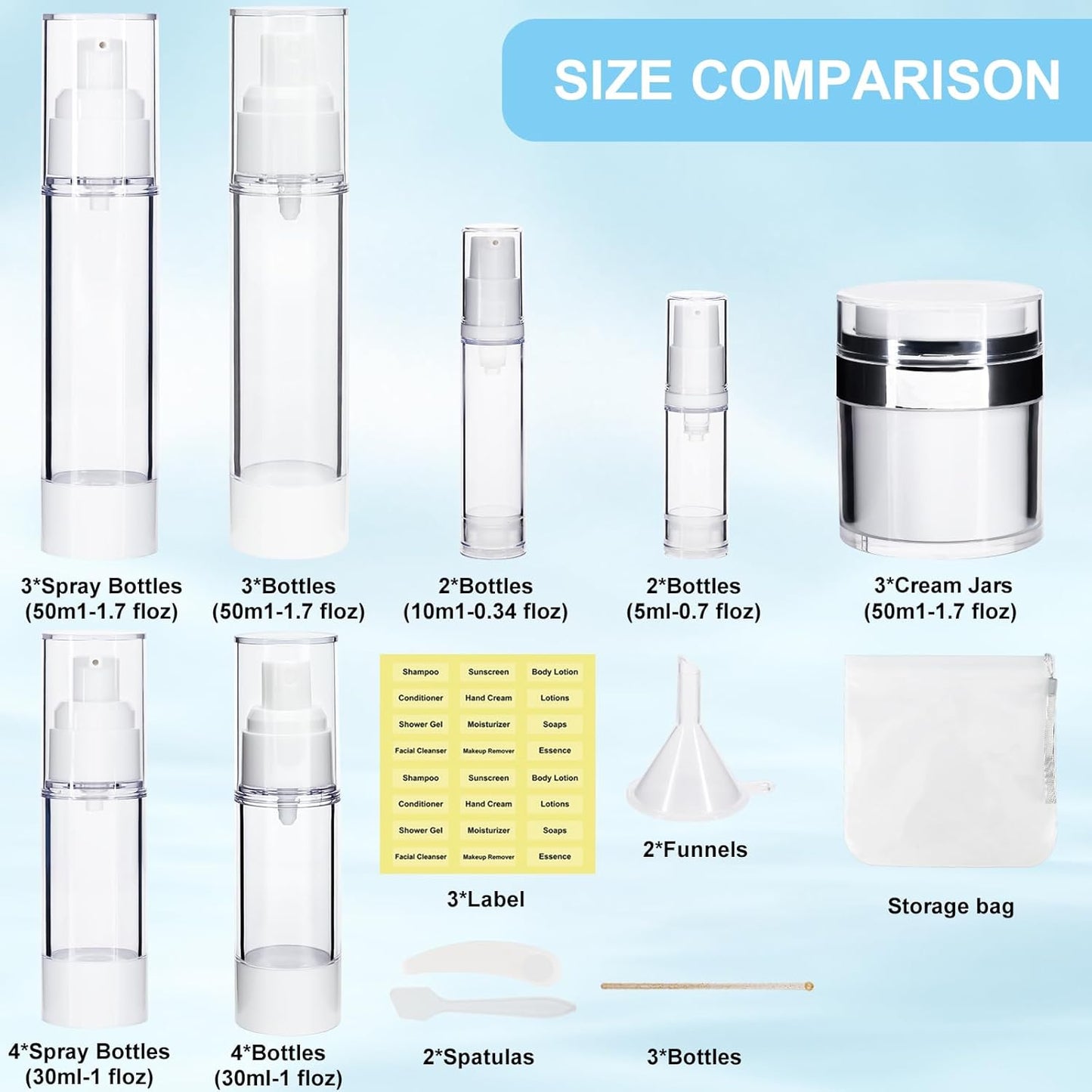 34 Pack Airless Pump Jars Set, 1.7/1/0.7/0.34oz Refillable Travel Size Containers, Leak-Proof Toiletry Bottles for Skincare and Creams, Lotion, Eye Cream, Liquid, Foundation, Shampoo