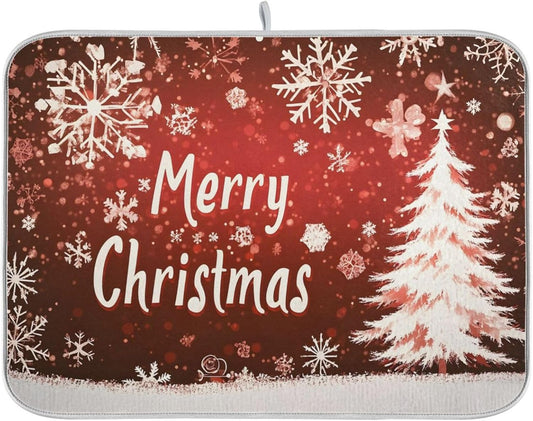 Christmas Dish Drying Mat Red Brown Snowflakes White Tree Wood Christmas Dish Drainer Mat for Kitchen Counter 18x24 inch Drying Mat Absorbent Microfiber Dish Mat