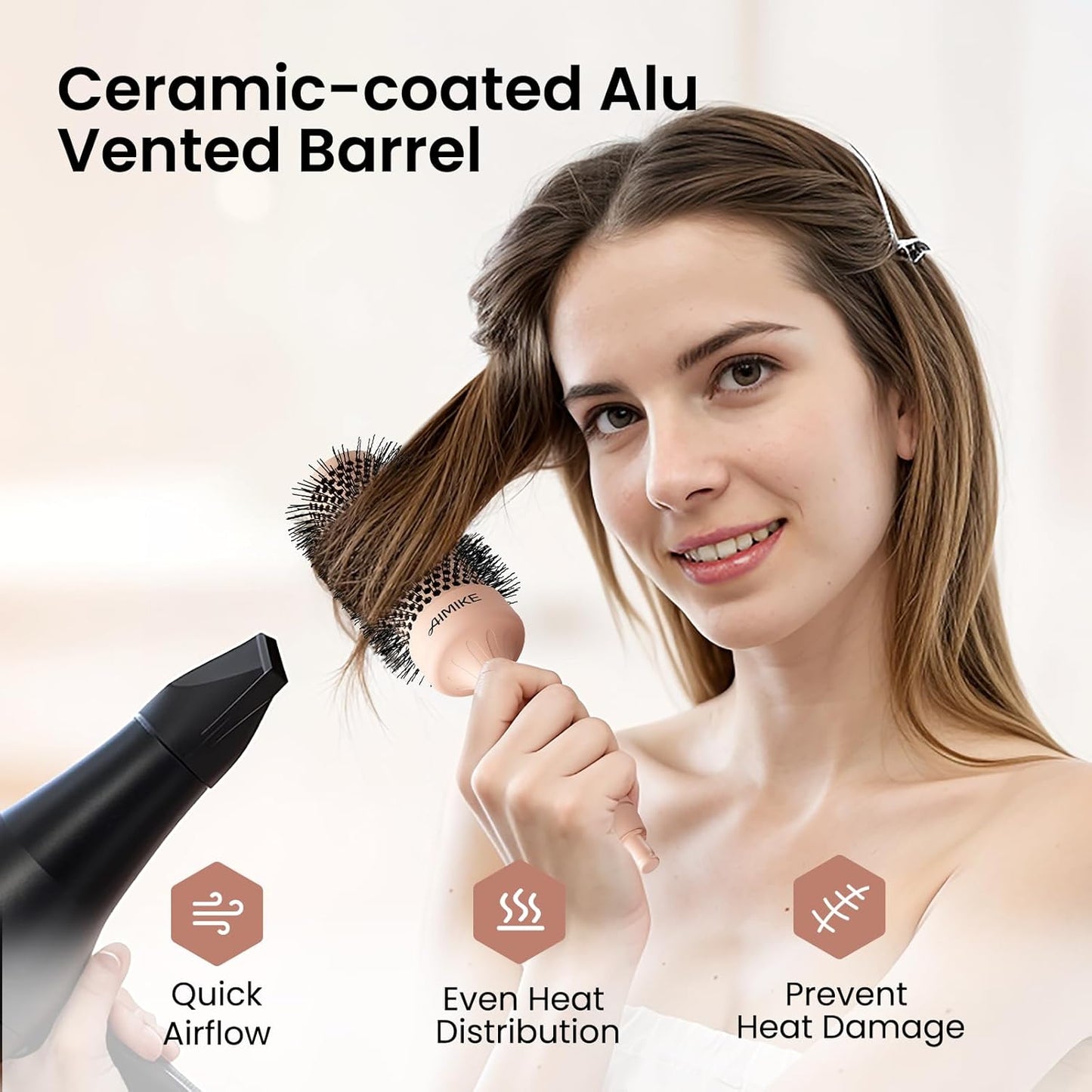 AIMIKE Round Brush for Blow Out, Medium Round Hair Brush w/Nano Ion Thermal Ceramic Tech, Professional RoundBrush for Blow Drying & Styling, Maximum Volume and Shine, Barrel 1.7 inch