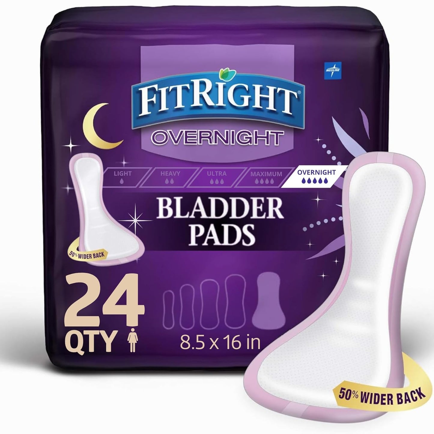 Medline FitRight Overnight Bladder Control Pads, Maximum Absorbency, Nighttime Incontinence Protection, 8.5 x 16, 24 Count per Bag (1 Bag)