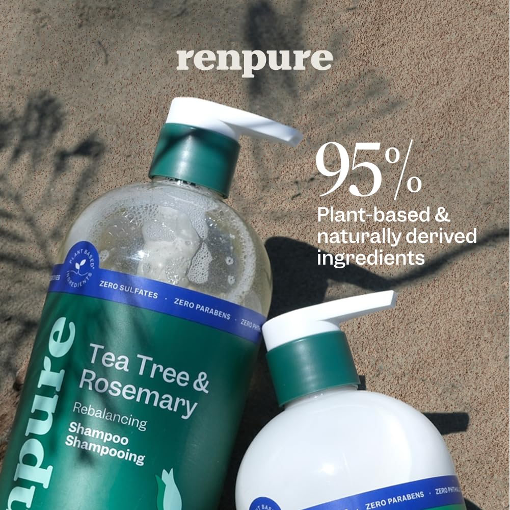 Renpure Tea Tree & Rosemary Shampoo & Conditioner Set, Plant Based - Refreshes & Rebalances Hair and Scalp - For Oily/Normal Hair - Tea Tree Leaf Oil, Rosemary Leaf Extract - 24 Fl Oz each, 2 Pack