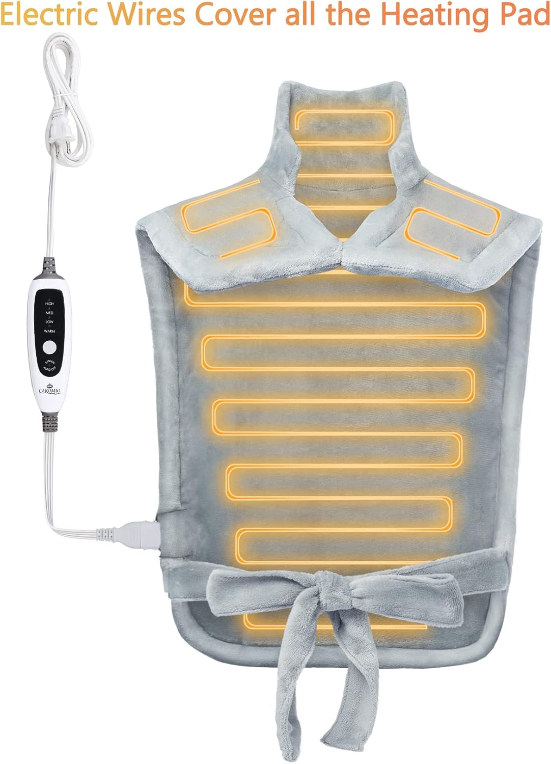CAROMIO Heating Pad for Neck and Shoulders Back Pain Relief, Weighted Electric Heating Pads with Auto Shut Off, Full Body Large Back Heat Pad, Fast Heating and 4 Heat Settings (Grey, 33"x22")