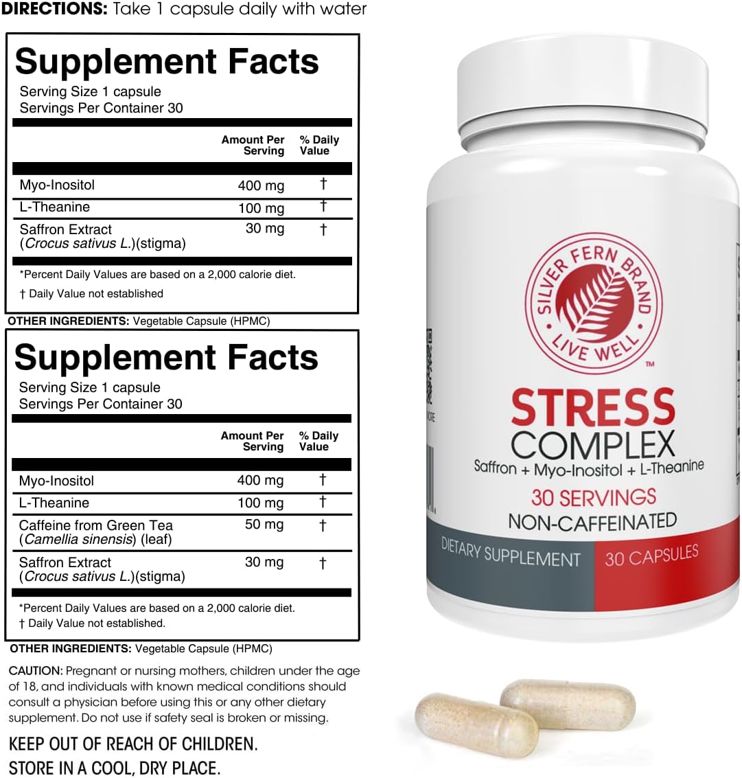 Silver Fern Stress Complex Supplement - with Caffeine - Sleep, Worry, Mood & More - with Saffron Supplements, L-Theanine Supplement, and Myo-inositol - Natural Stress Relief Supplement (Pack o 2)
