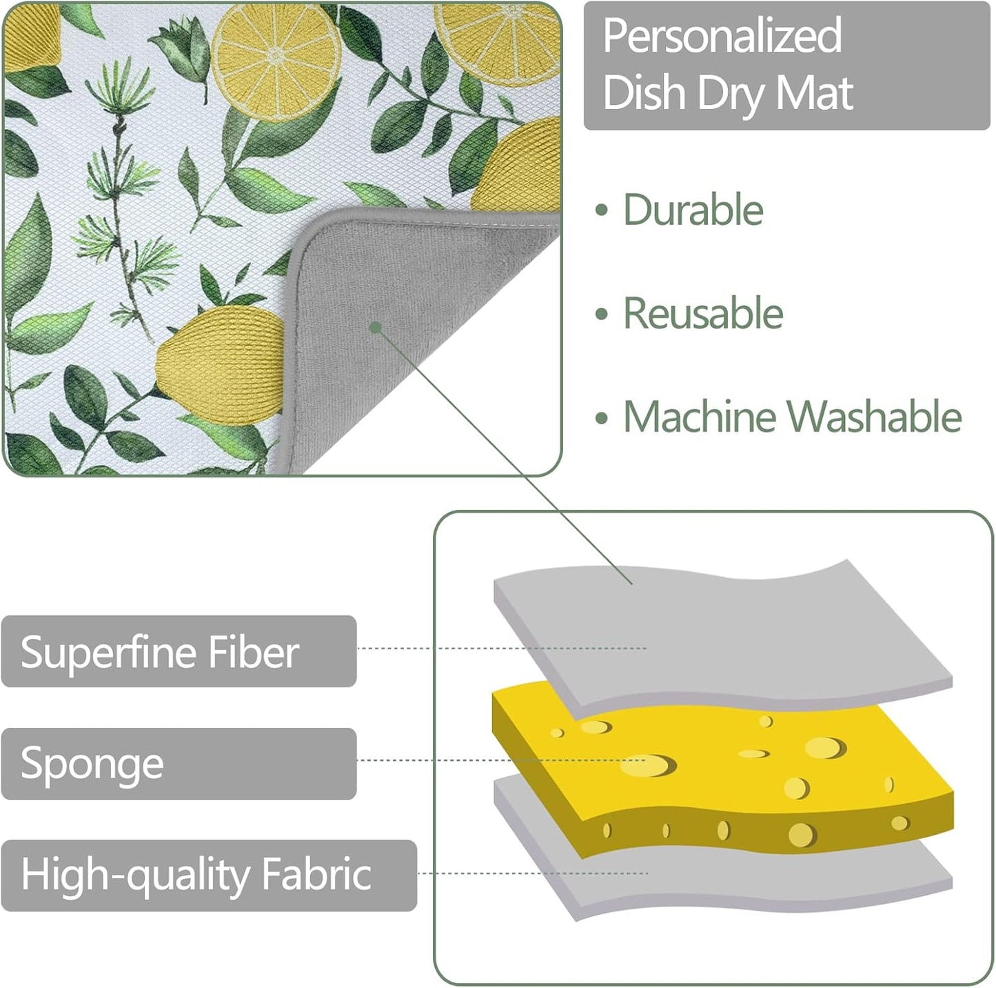 SHIYUE Dish Drying Mat for Kitchen Counter Super Absorbent Spring Kitchen Decor Microfiber Drying Matainers Rack Fast Pad Dish Drainer Mats(Yellow Lemon Green Leaves,16''x18'')