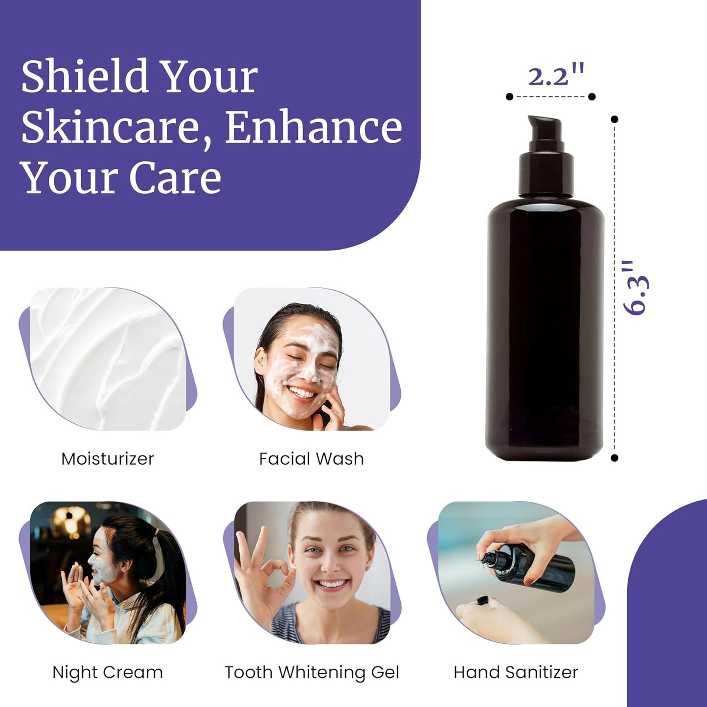 Infinity Jars Ultraviolet Glass Push Pump Bottle 200 Ml (6.8 fl oz) Refillable Containers for Lotion Homemade Cosmetics Make-up Skin Care Cream, Lotion, Shampoo, Conditioner Dispenser Bottles