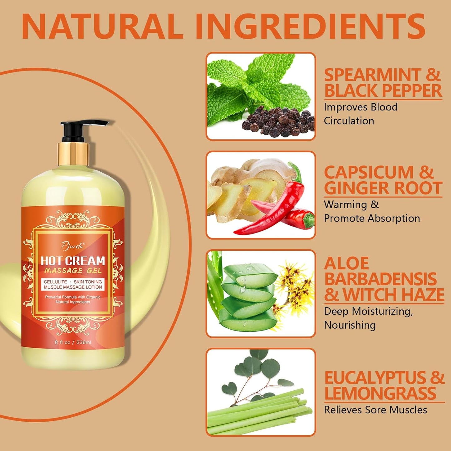 Anti Cellulite Massage Oil & Hot Cream Set with Massager, Natural Cellulite Remover, Oil & Massager for Legs Arms and Butt, Firm, Tighten & Moisturize Skin Soothes Muscles (8 Fl Oz)