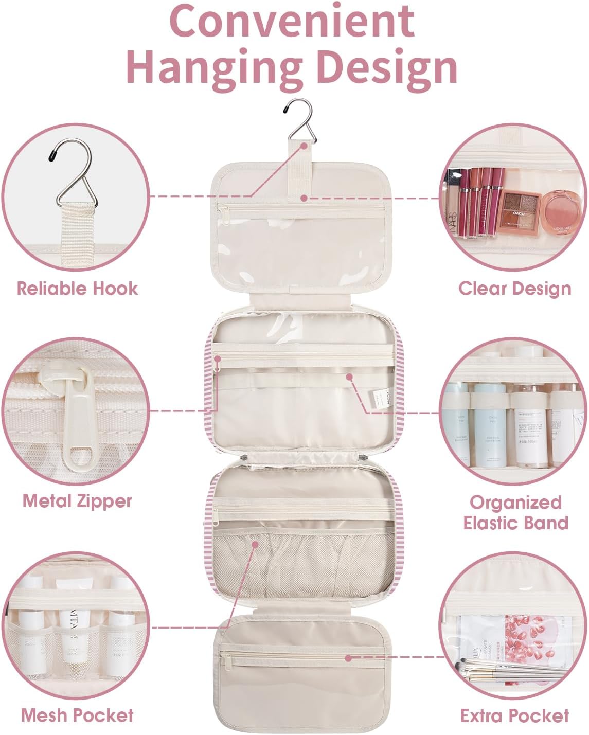 Narwey Striped Hanging Toiletry Bag for Women Travel Makeup Bag Organizer Toiletries Bag for Travel Size Essentials Accessories Cosmetics (Dusty Pink Stripe (Medium))