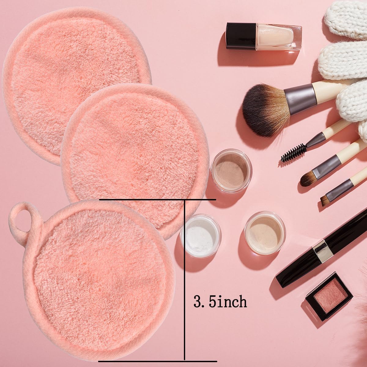 Reusable Makeup Remover Pads 16 Pack Microfiber Cleansing Facial Rounds Wipes Face, Eyes, Lips（3.5inch, coral）