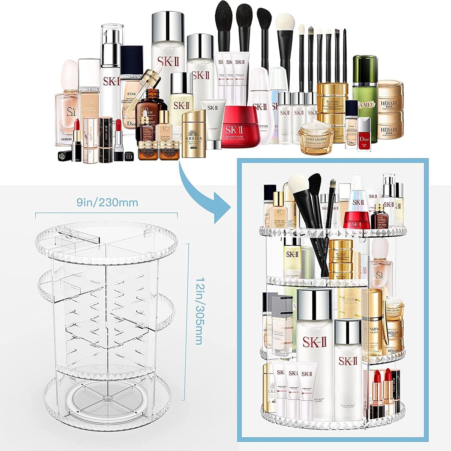 360 Degree Rotating Makeup Organizer,Large Capacity Make up Caddy Shelf,Acrylic Perfume Storage, Adjustable Skin Care Organisers for Dresser Tabletop and Bathroom, Clear (Diamond)