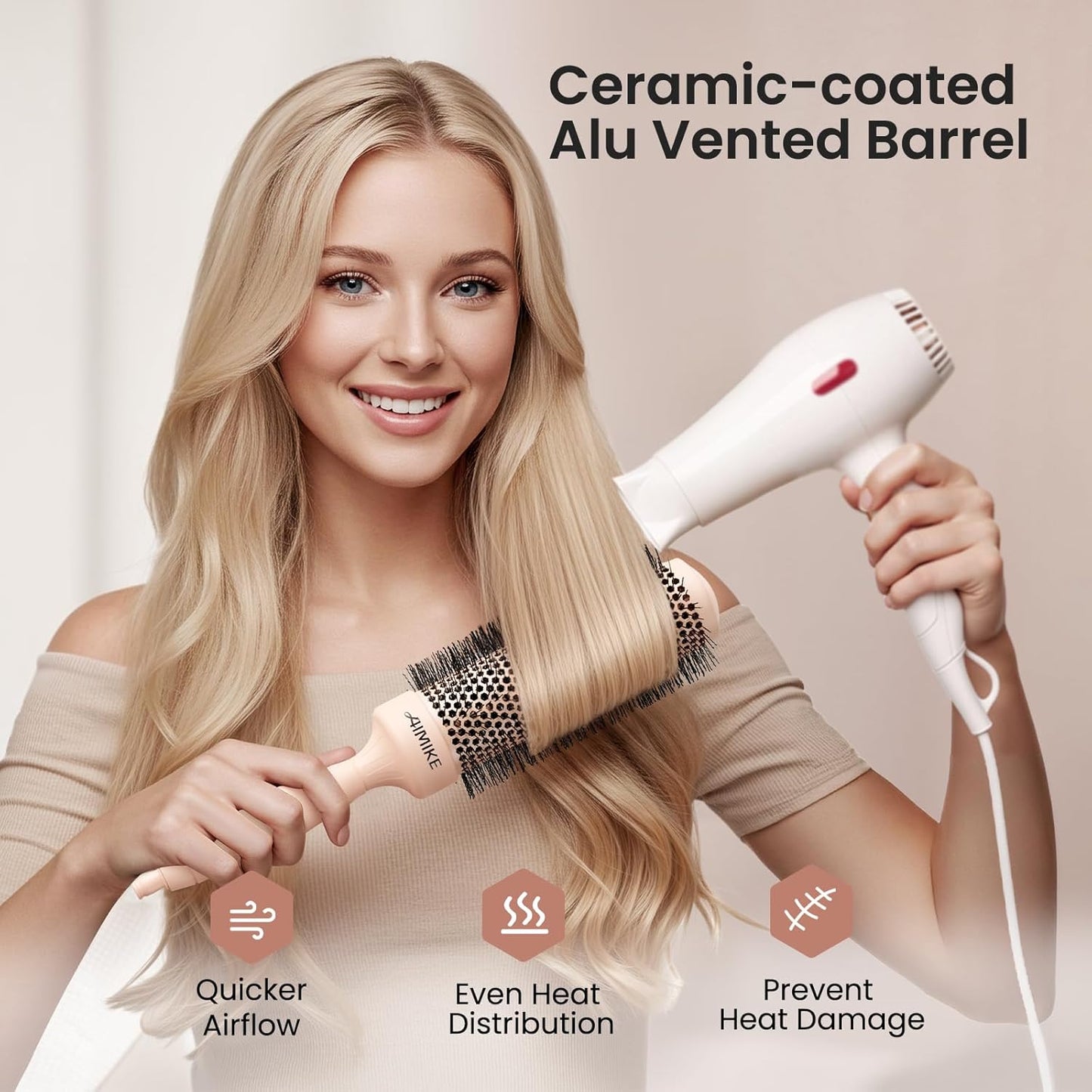 AIMIKE Round Brush for Blow Out, Extra Long Round Hair Brush w/Nano Thermal Ceramic & Ionic Tech, for Blow Drying & Styling, Curling and Shine - Barrel 1.7 inch