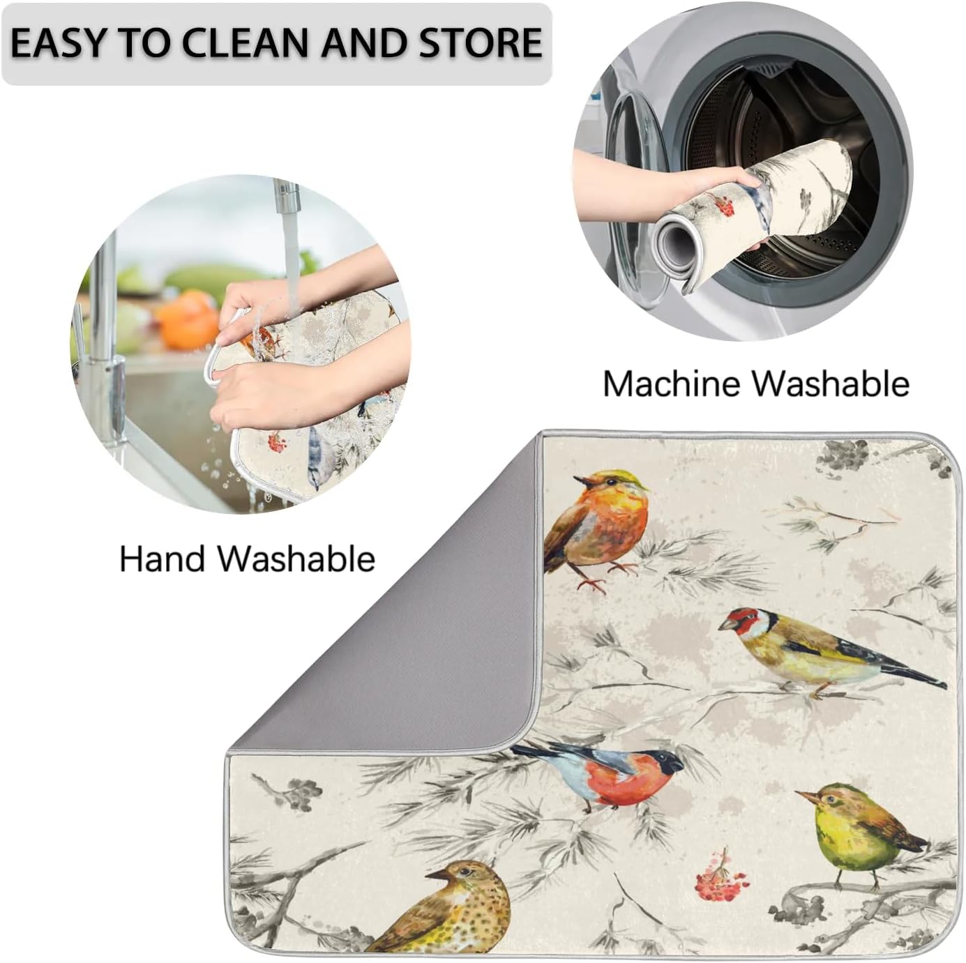 Hexteria Vintage Birds Dish Drying Mat for Kitchen Counter, Absorbent Reversible Microfiber Dish Drying Pad Kitchen Drying Mat for Home Decor, 18 x 24 inch