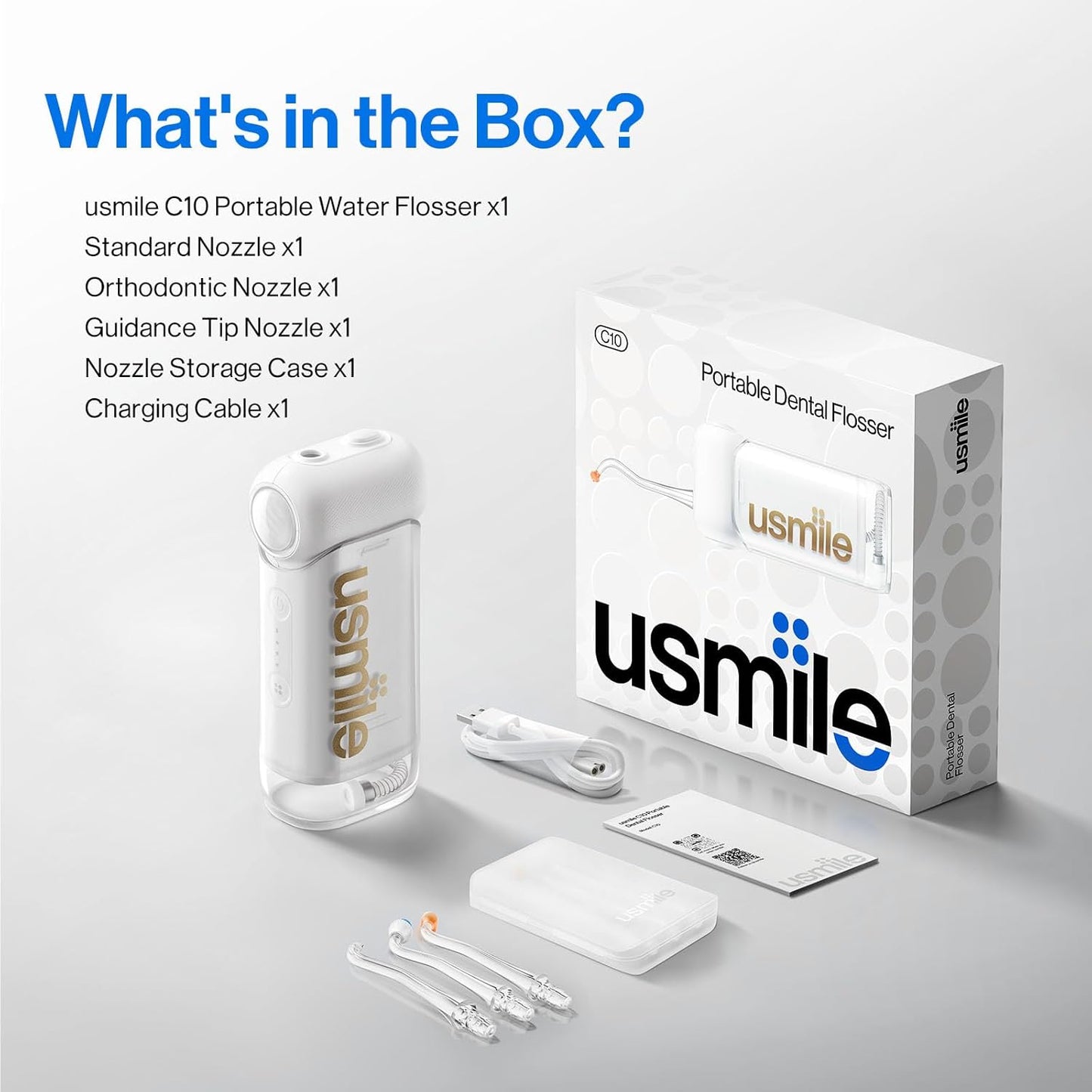 usmile C10 Portable Water Flosser – Travel-Friendly, 95-Day Battery, 4 Modes, 360° Nozzle, 180ml Tank, IPX7 Waterproof, Dentist-Recommended for Braces, Implants & Sensitive Gums (White)