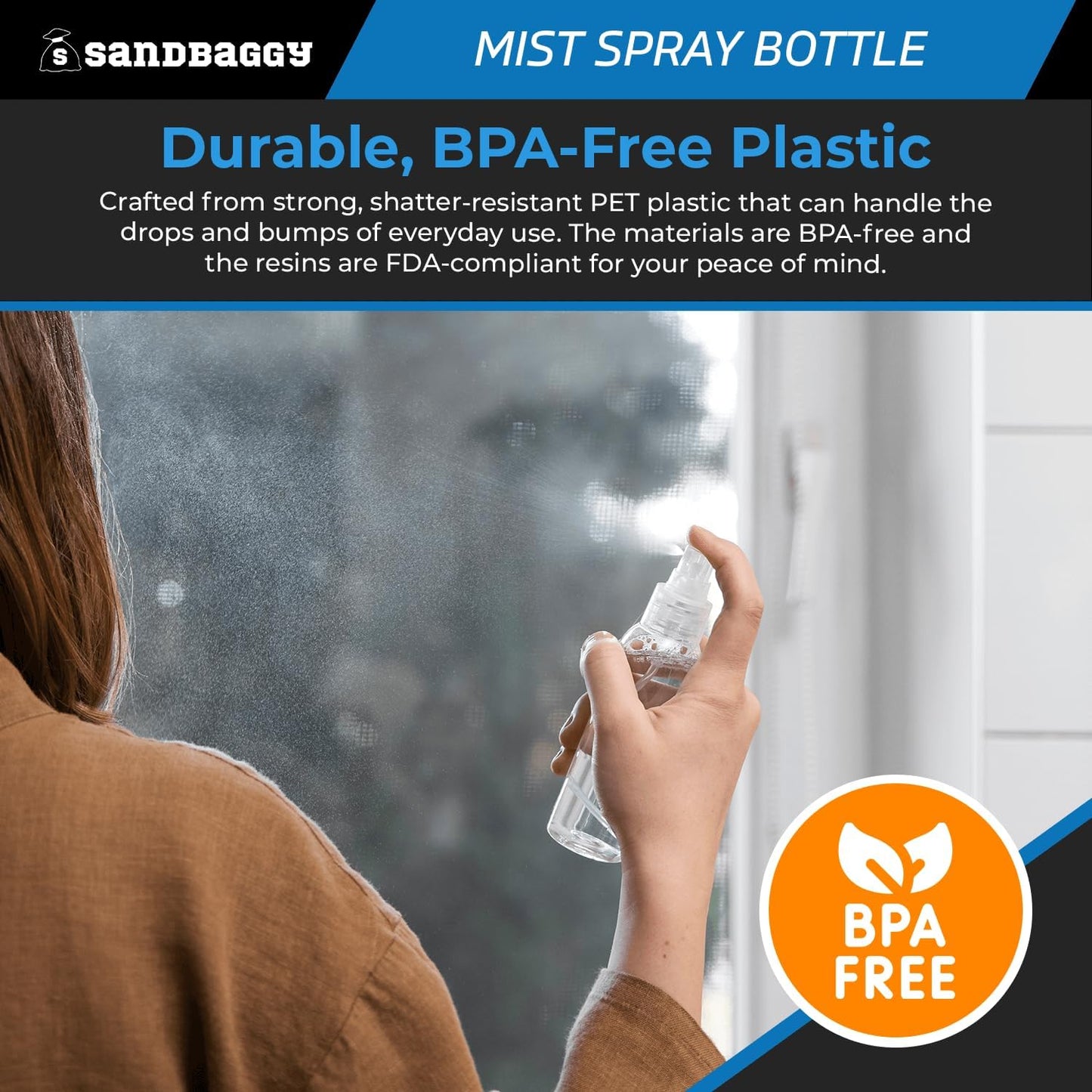 Sandbaggy 2 oz Plastic Spray Bottle | Fine Mist Sprayer | Clear, Transparent, Cylinder Shape | BPA Free (500)